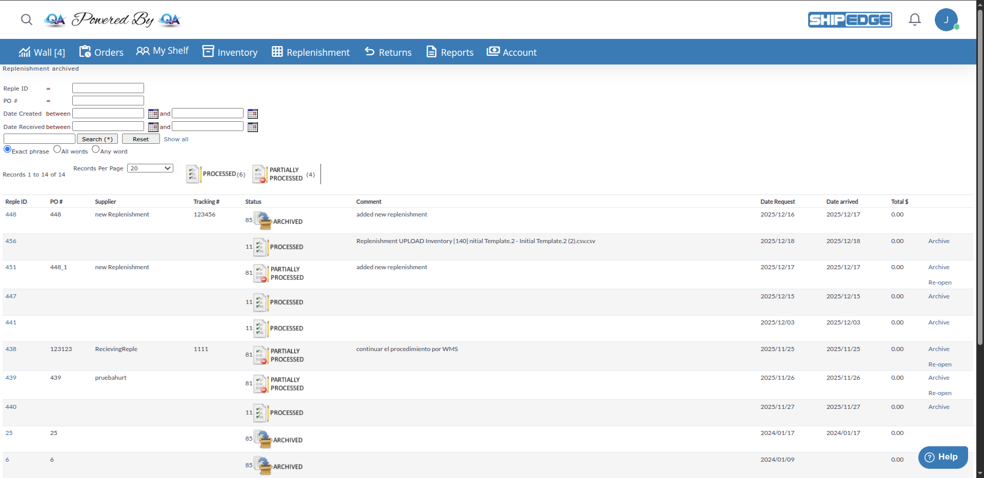 Archived Replenishments