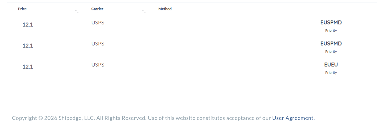 Shipping Rate Results